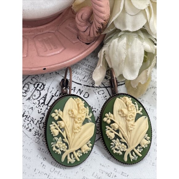 Rose Gold Green Tan Lily Of Valley Setting Anniversary Earring Cameo Birthday - Picture 2 of 11